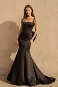 Square Neck Bow Prom Gown With Pearls in Black