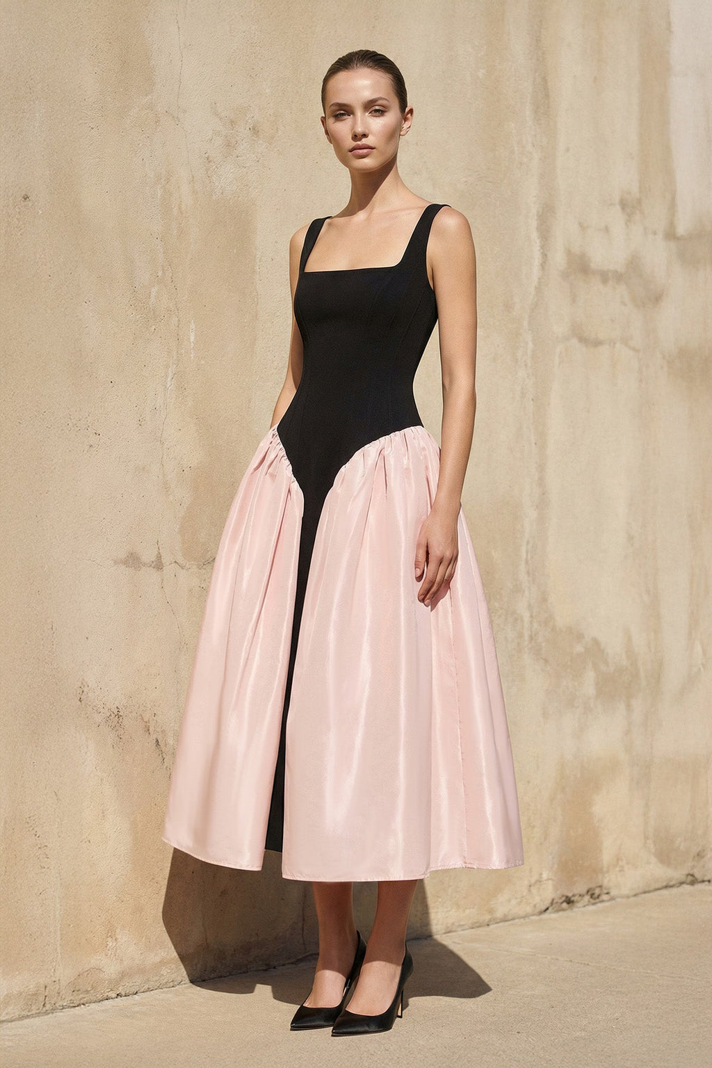 Square Neck Corset Midi Dress in Black and Pink