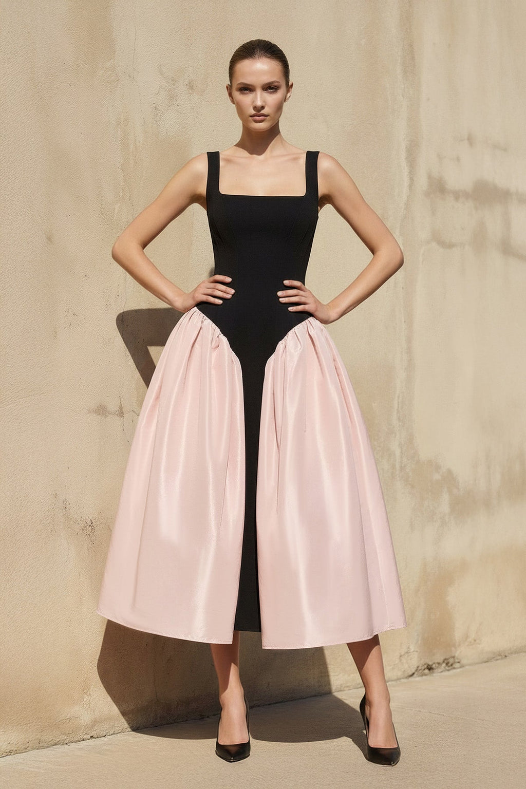 Square Neck Corset Midi Dress in Black and Pink