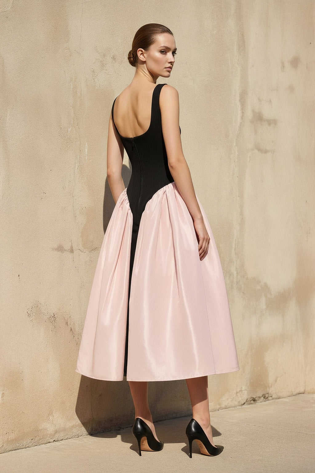 Square Neck Corset Midi Dress in Black and Pink
