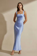 Square Neck Cross Back Satin Maxi Dress in Steel Blue