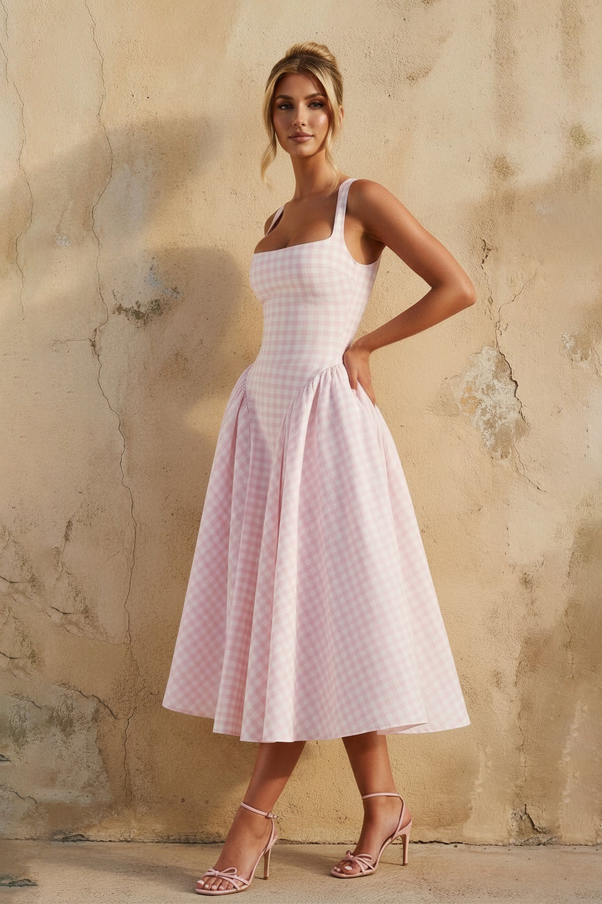 Square Neck Gingham Midi Dress in Pink