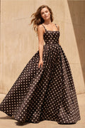 Square Neck Polka Dot Backless Gown in Black