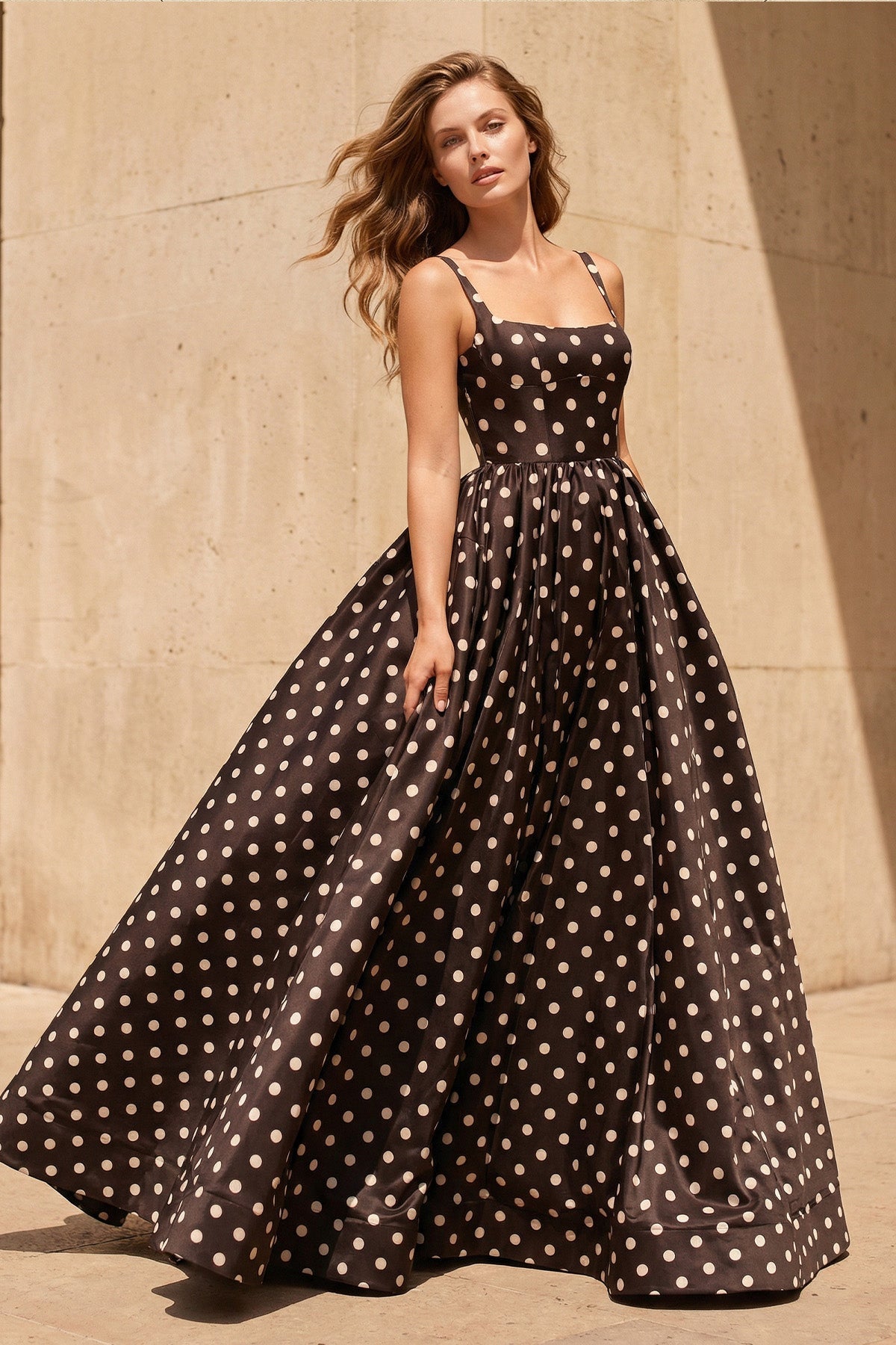 Square Neck Polka Dot Backless Gown in Black