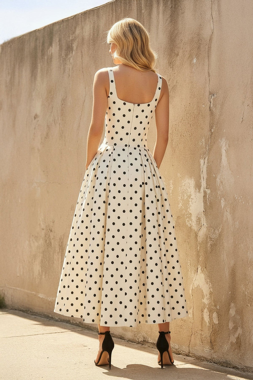 Square Neck Polka Dot Midi Dress in Ivory