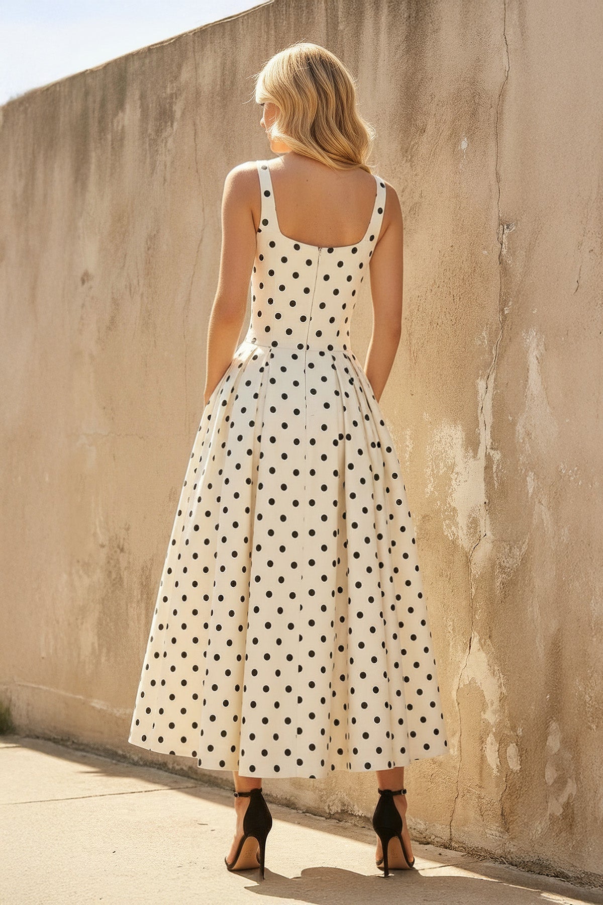 Square Neck Polka Dot Midi Dress in Ivory