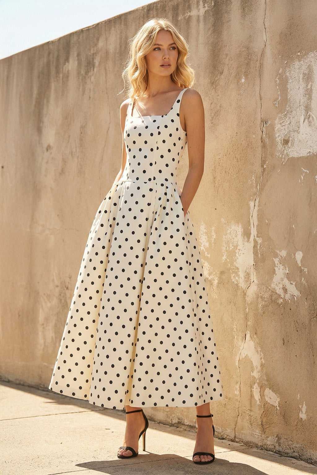 Square Neck Polka Dot Midi Dress in Ivory