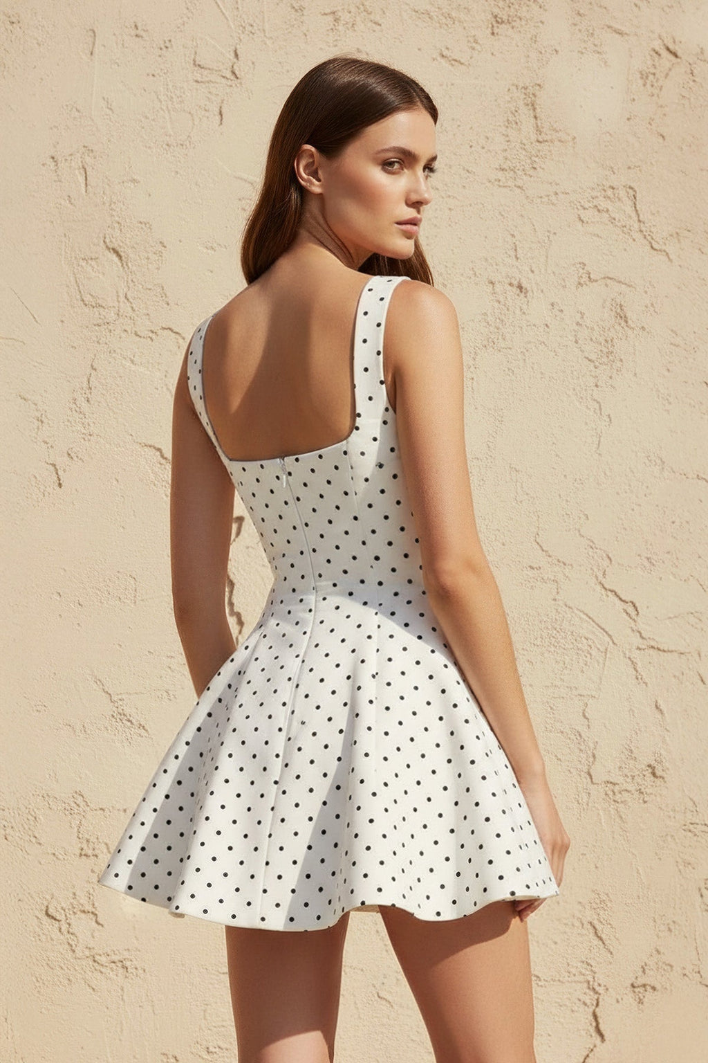 Square Neck Polka Dot Mini Dress in White