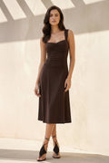 Square Neck Ruched Midi Dress in Brown