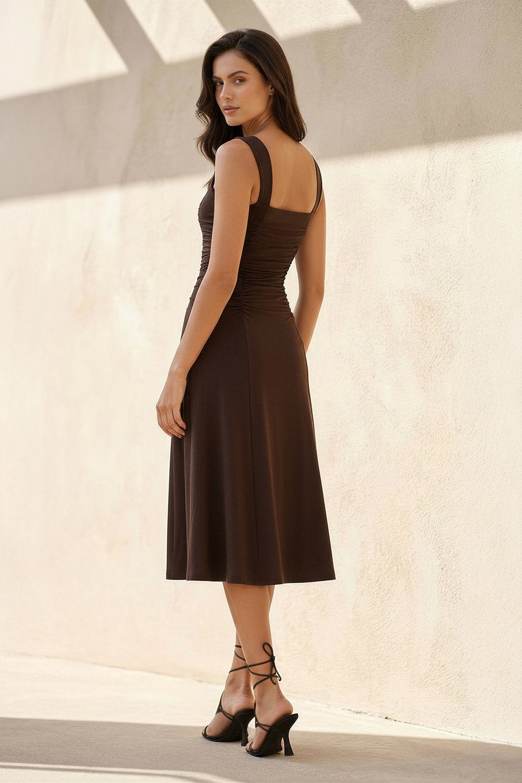 Square Neck Ruched Midi Dress in Brown