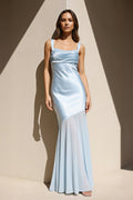 Square Neck Ruched Satin Maxi Dress in Sky Blue