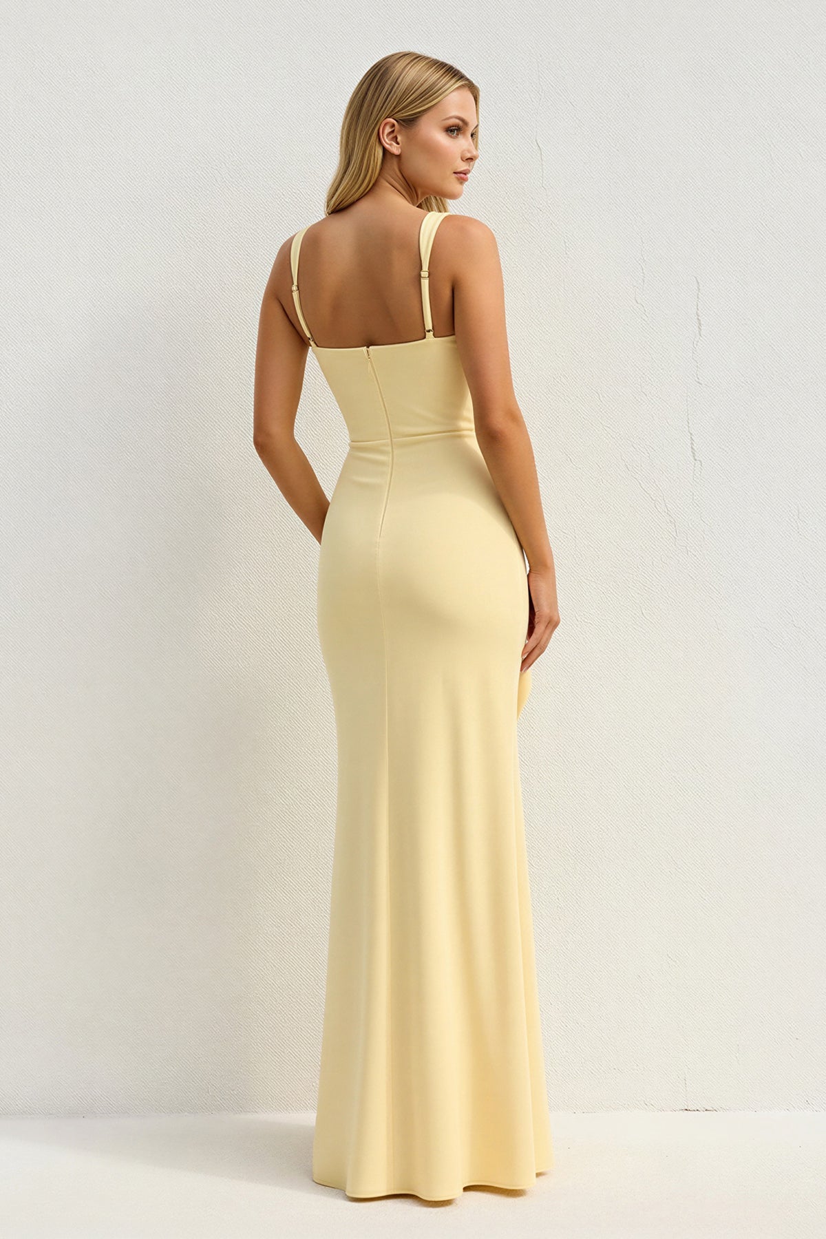 Square Neck Ruched Slit Maxi Dress in Yellow