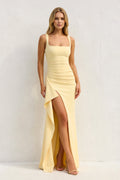 Square Neck Ruched Slit Maxi Dress in Yellow