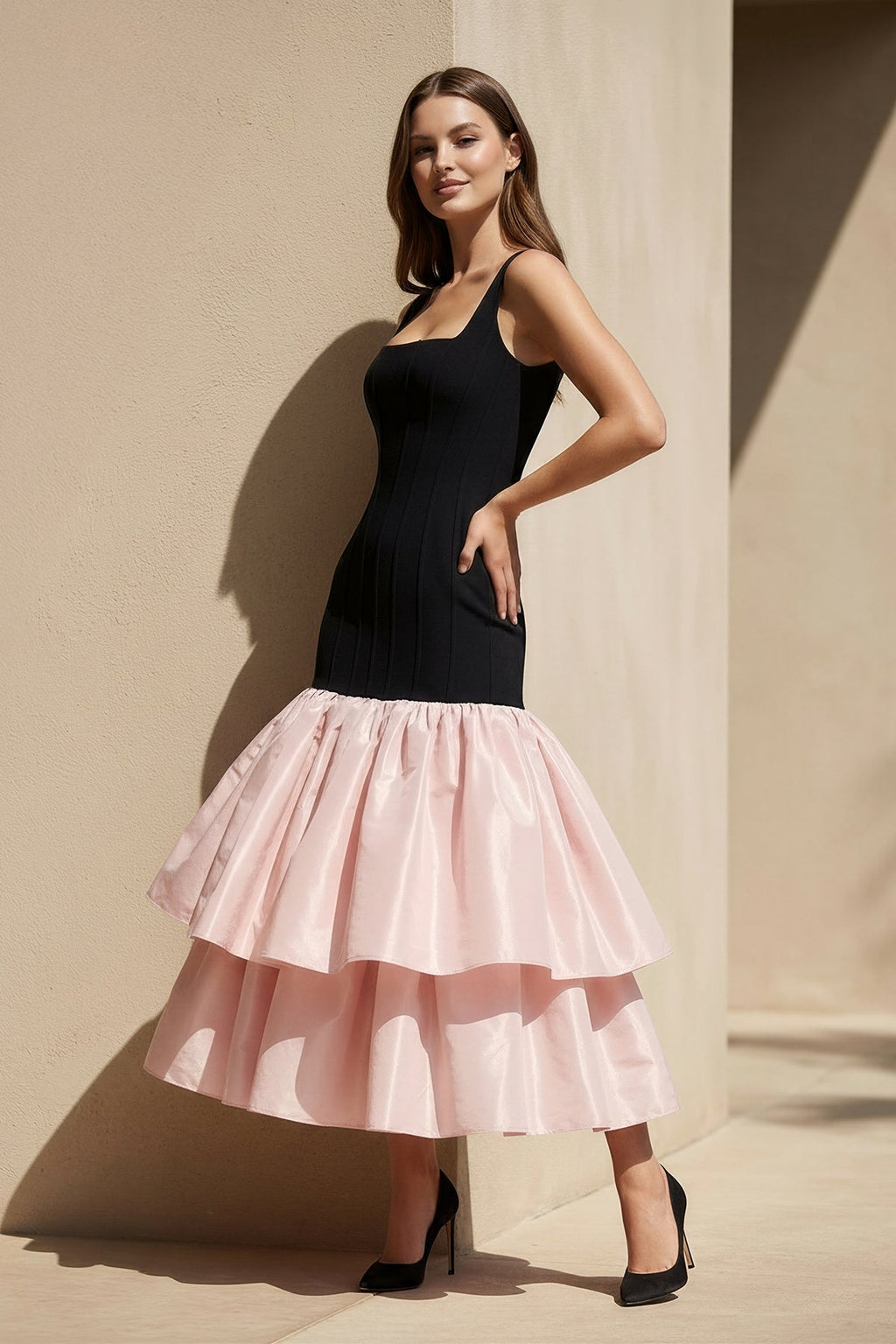 Square Neck Ruffled Midi Dress in Black and Pink