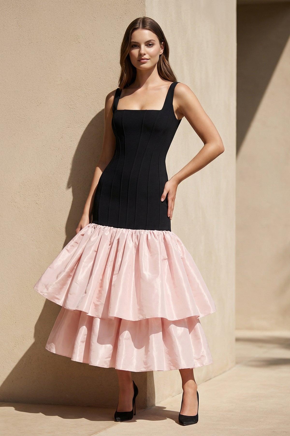 Square Neck Ruffled Midi Dress in Black and Pink