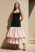 Square Neck Ruffled Midi Dress in Black and Pink
