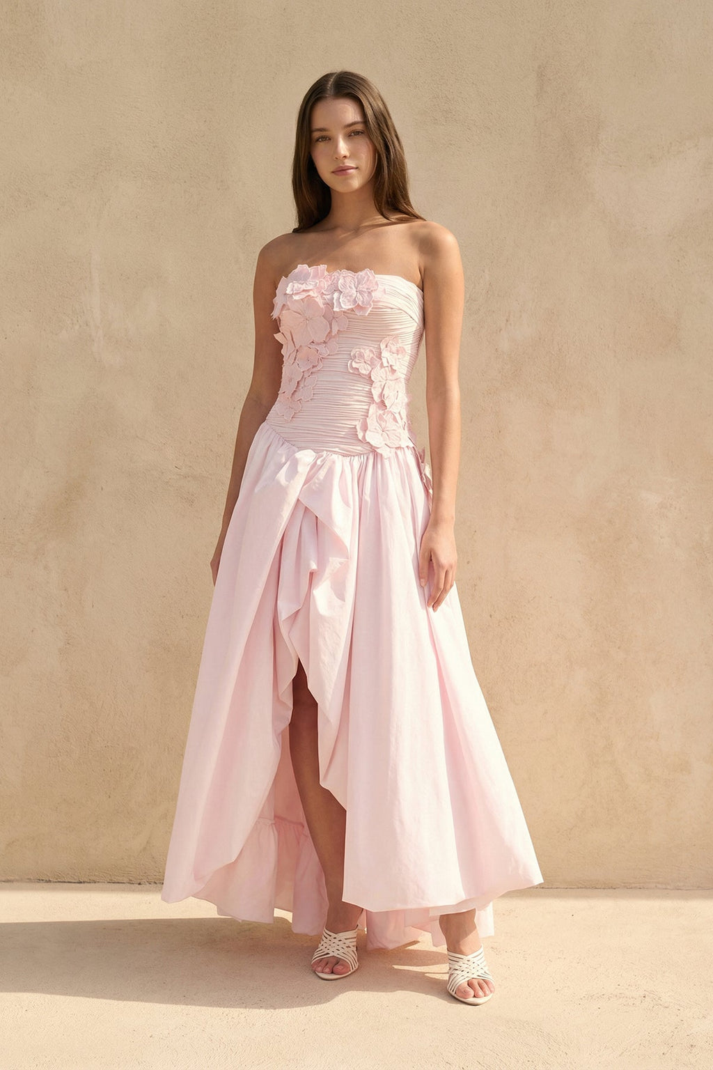 Strapless 3D Floral Appliques Gown in Pink
