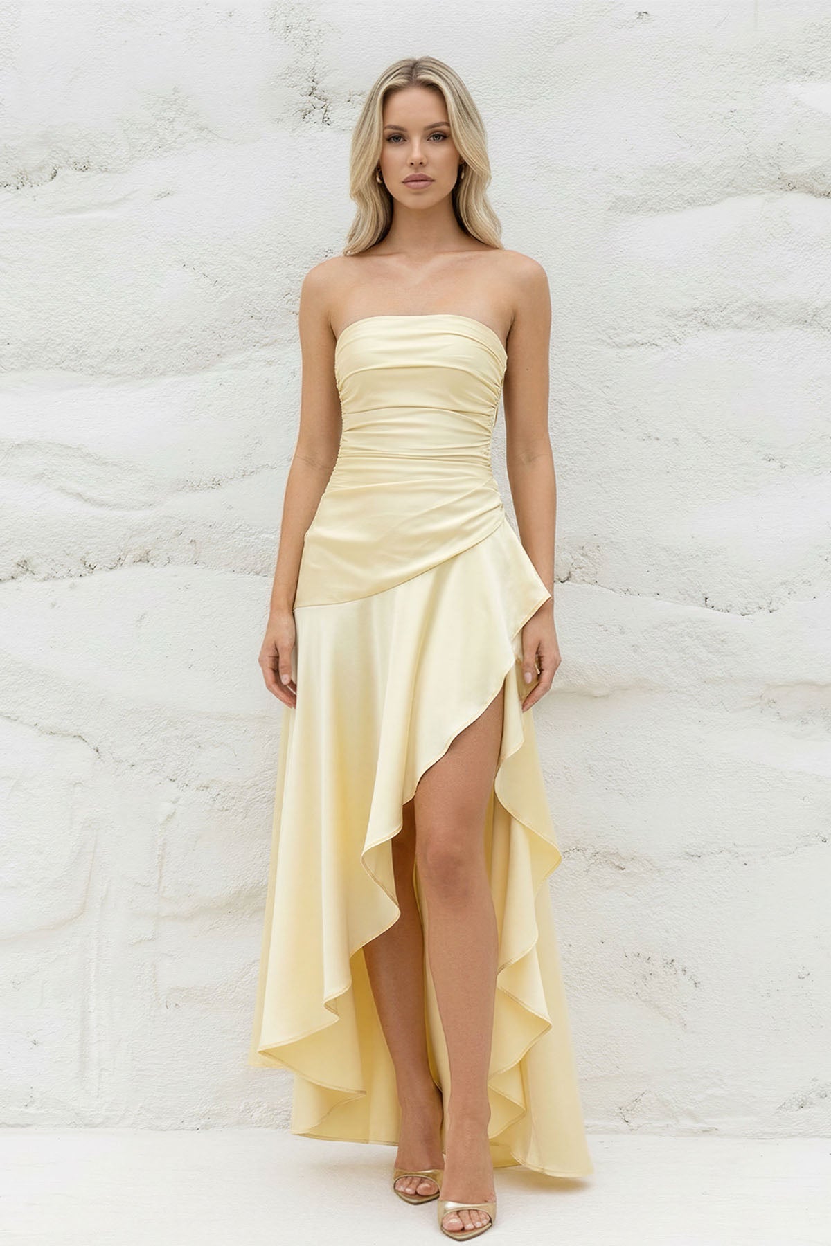Strapless Asymmetrical High-Low Gown in Yellow