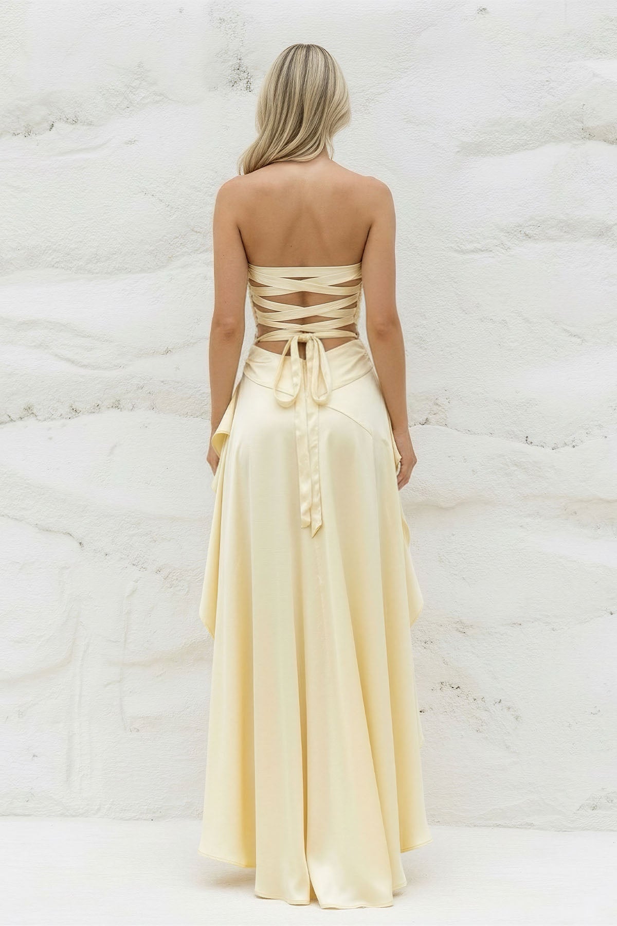 Strapless Asymmetrical High-Low Gown in Yellow