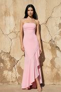 Strapless Asymmetrical Ruffled Maxi Dress in Pink