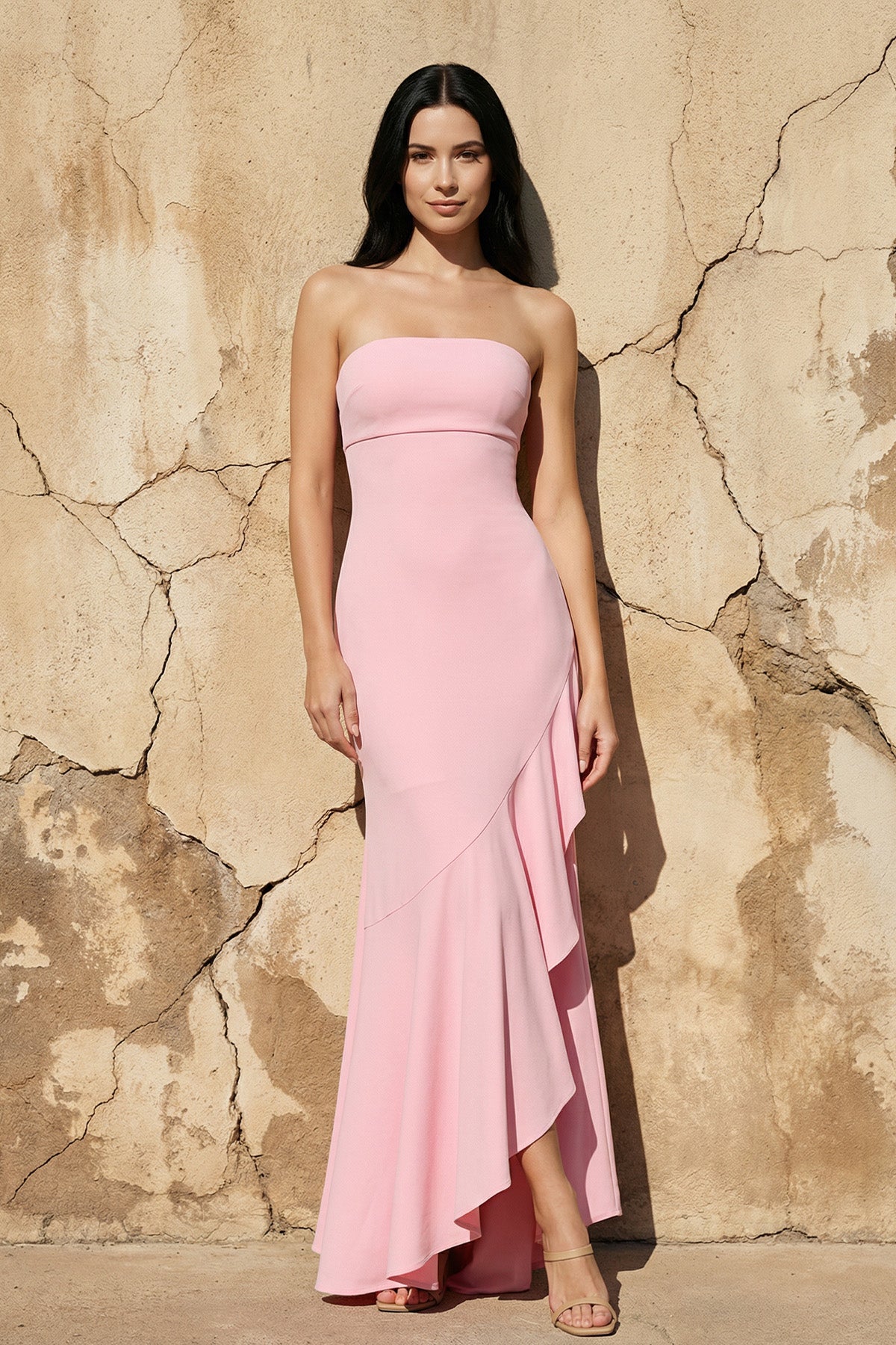 Strapless Asymmetrical Ruffled Maxi Dress in Pink