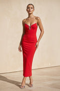 Strapless Beaded Midi Dress in Red