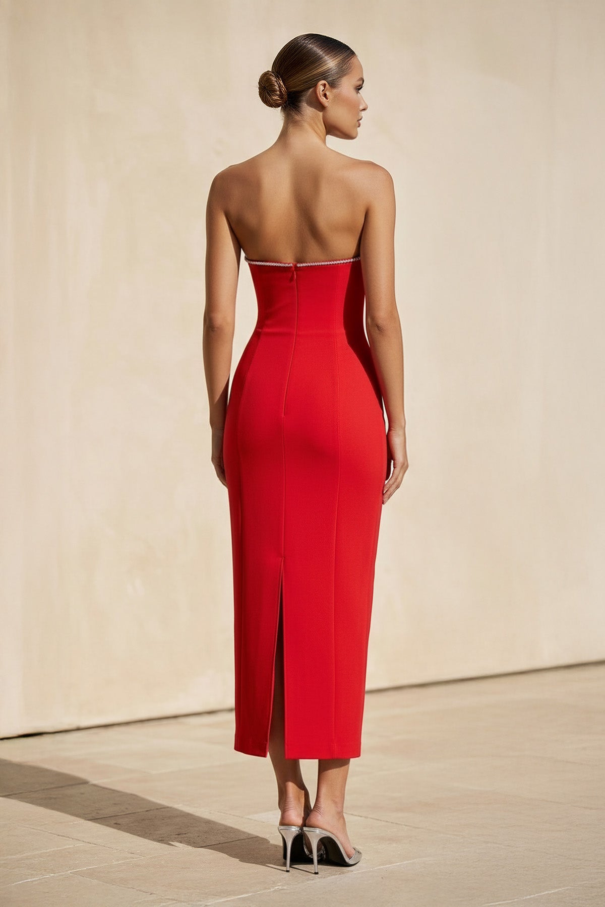 Strapless Beaded Midi Dress in Red