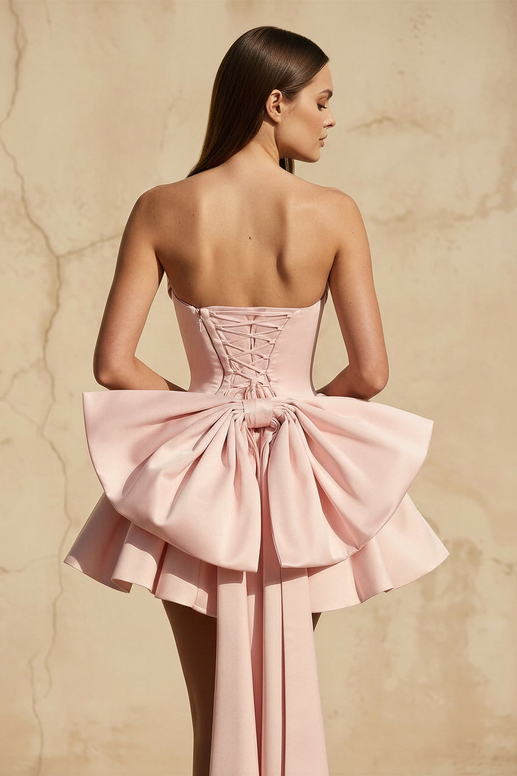 Strapless Bow Back Mini Dress in Pink