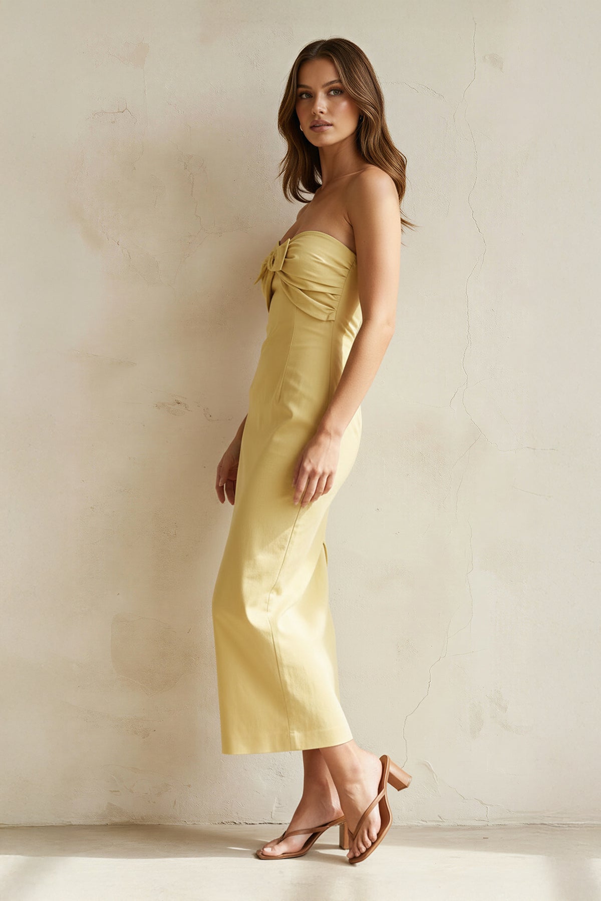 Strapless Bow-Front Midi Dress in Yellow