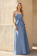 Strapless Bow Gown With Pockets in Steel Blue