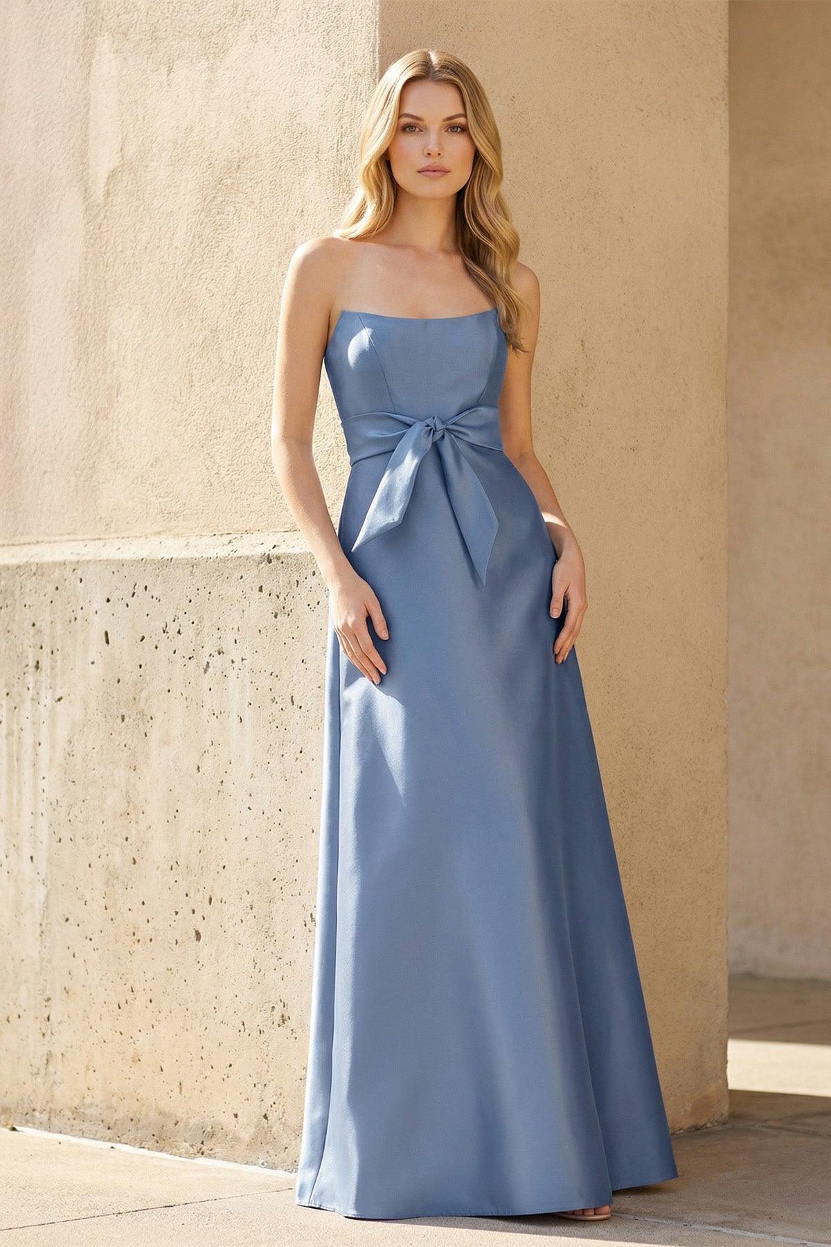 Strapless Bow Gown With Pockets in Steel Blue