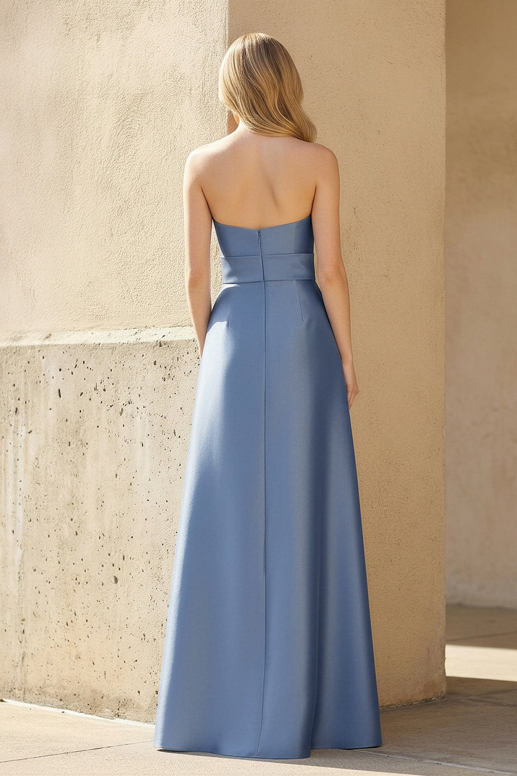 Strapless Bow Gown With Pockets in Steel Blue