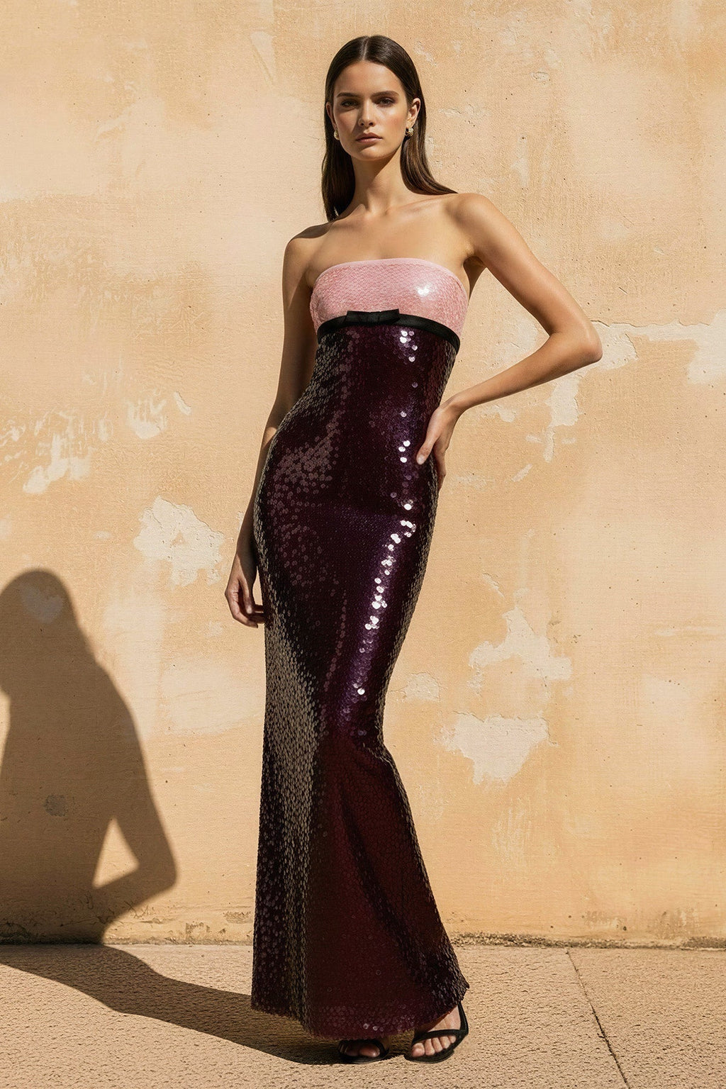 Strapless Colorblock Sequins Gown With Bow in Black and Pink