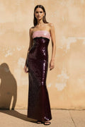 Strapless Colorblock Sequins Gown With Bow in Black and Pink