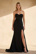 Strapless Corset Prom Gown With Appliques in Black