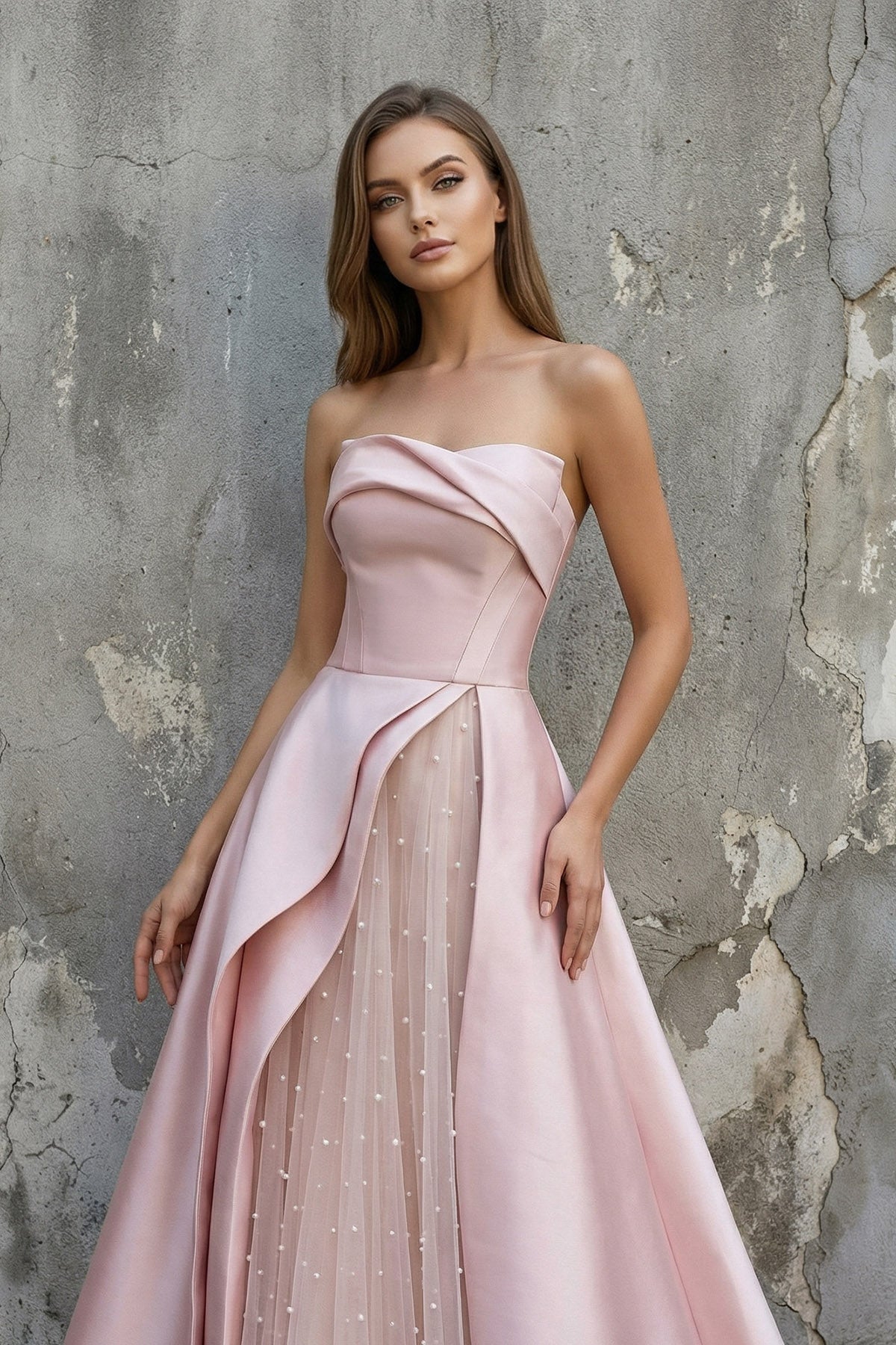 Strapless Draped Satin Prom Dress with Pearl in Pink