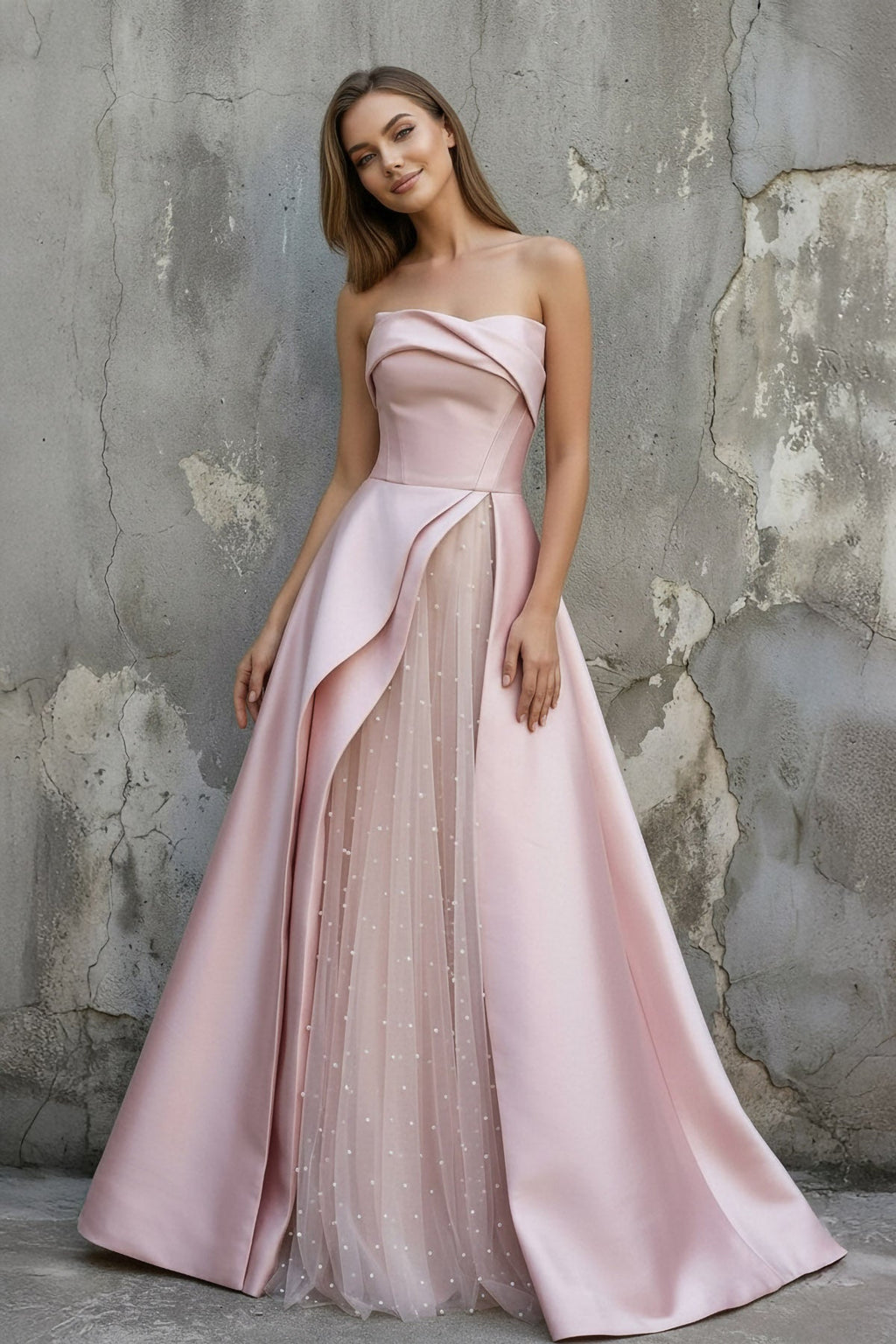 Strapless Draped Satin Prom Dress with Pearl in Pink