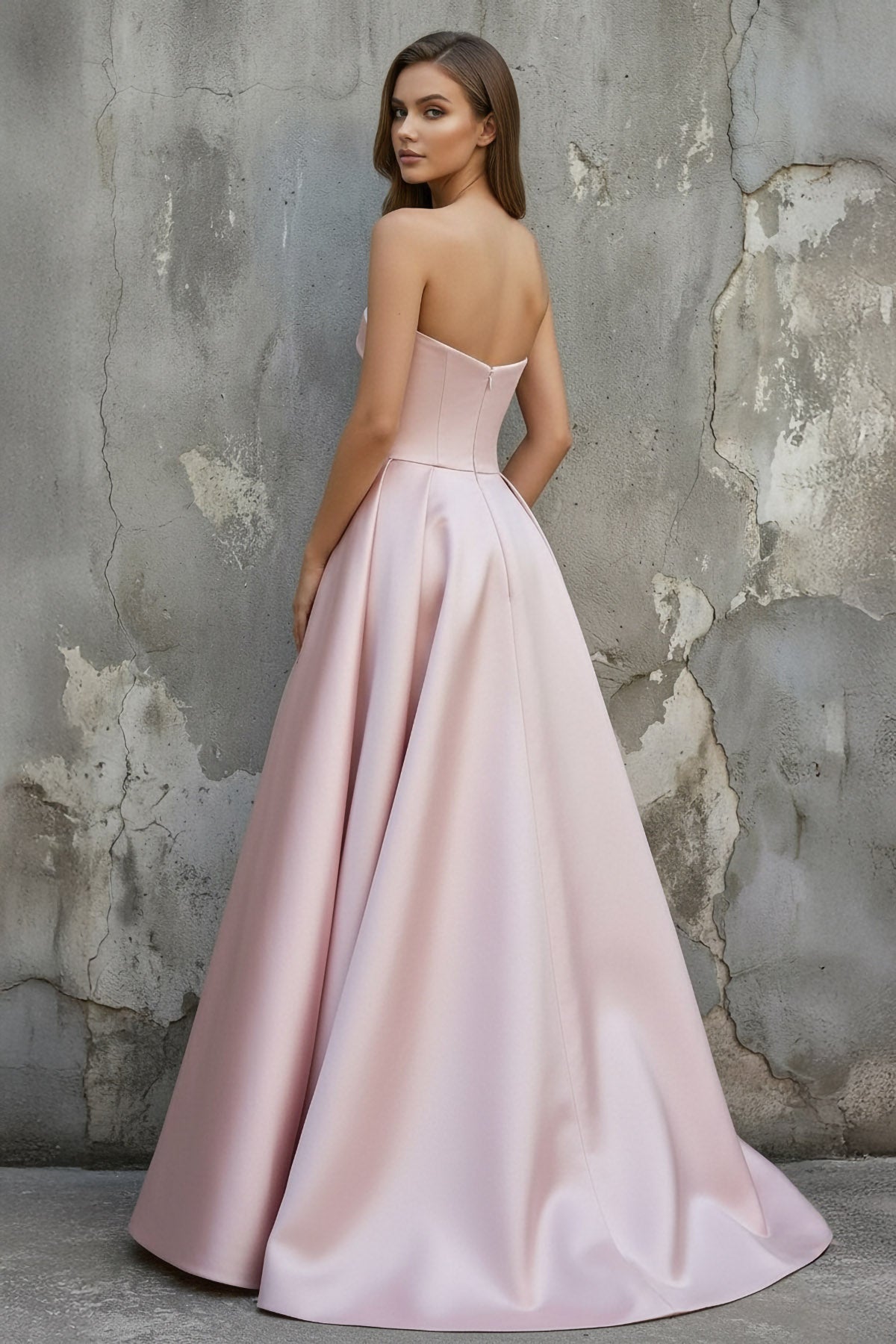 Strapless Draped Satin Prom Dress with Pearl in Pink