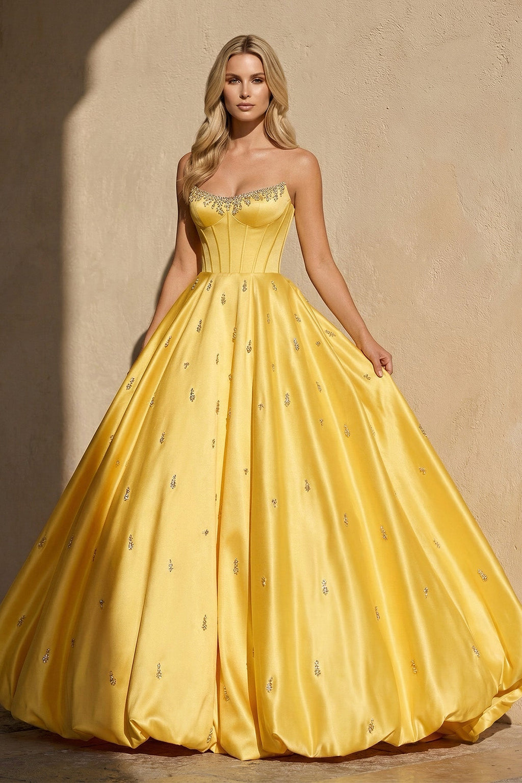 Strapless Prom Gown With Beading in Yellow