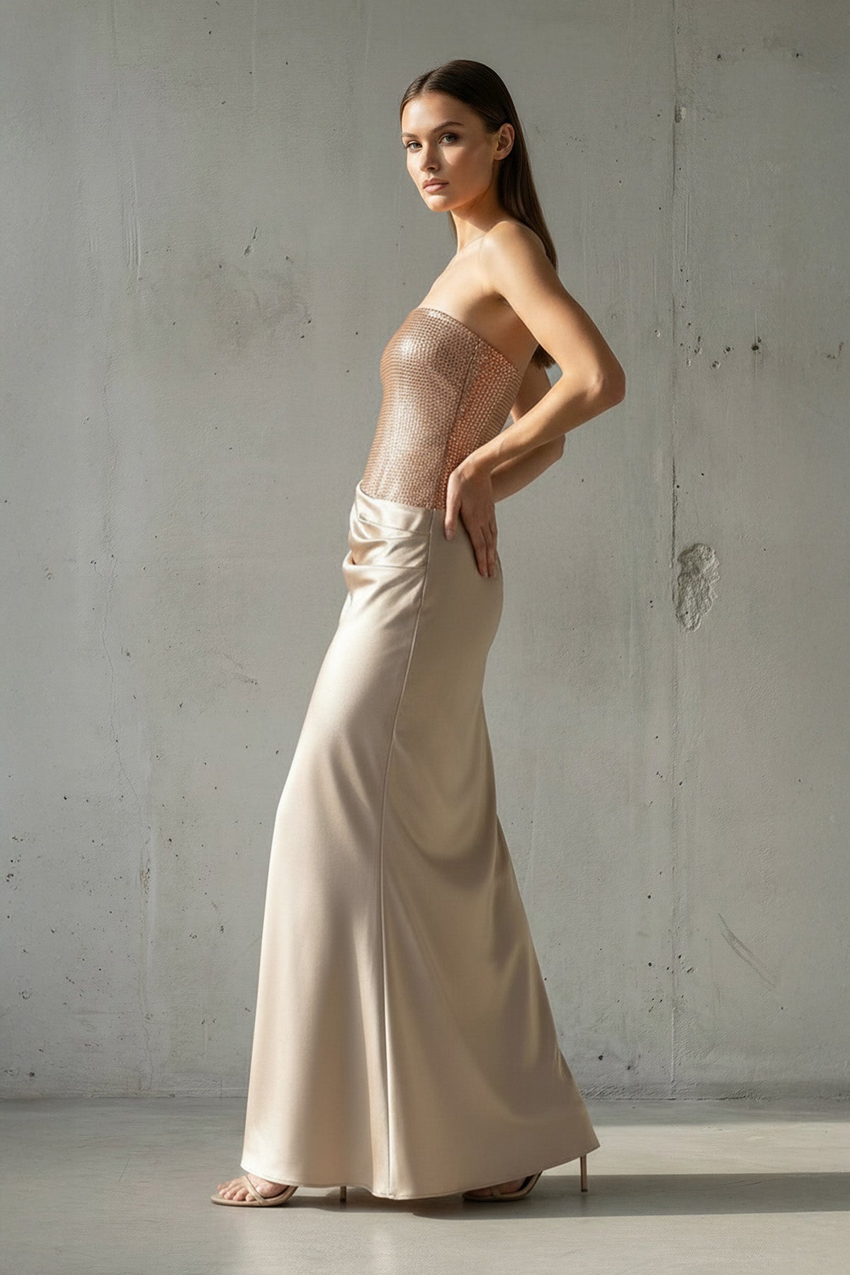 Strapless Maxi Dress With Beading in Champagne