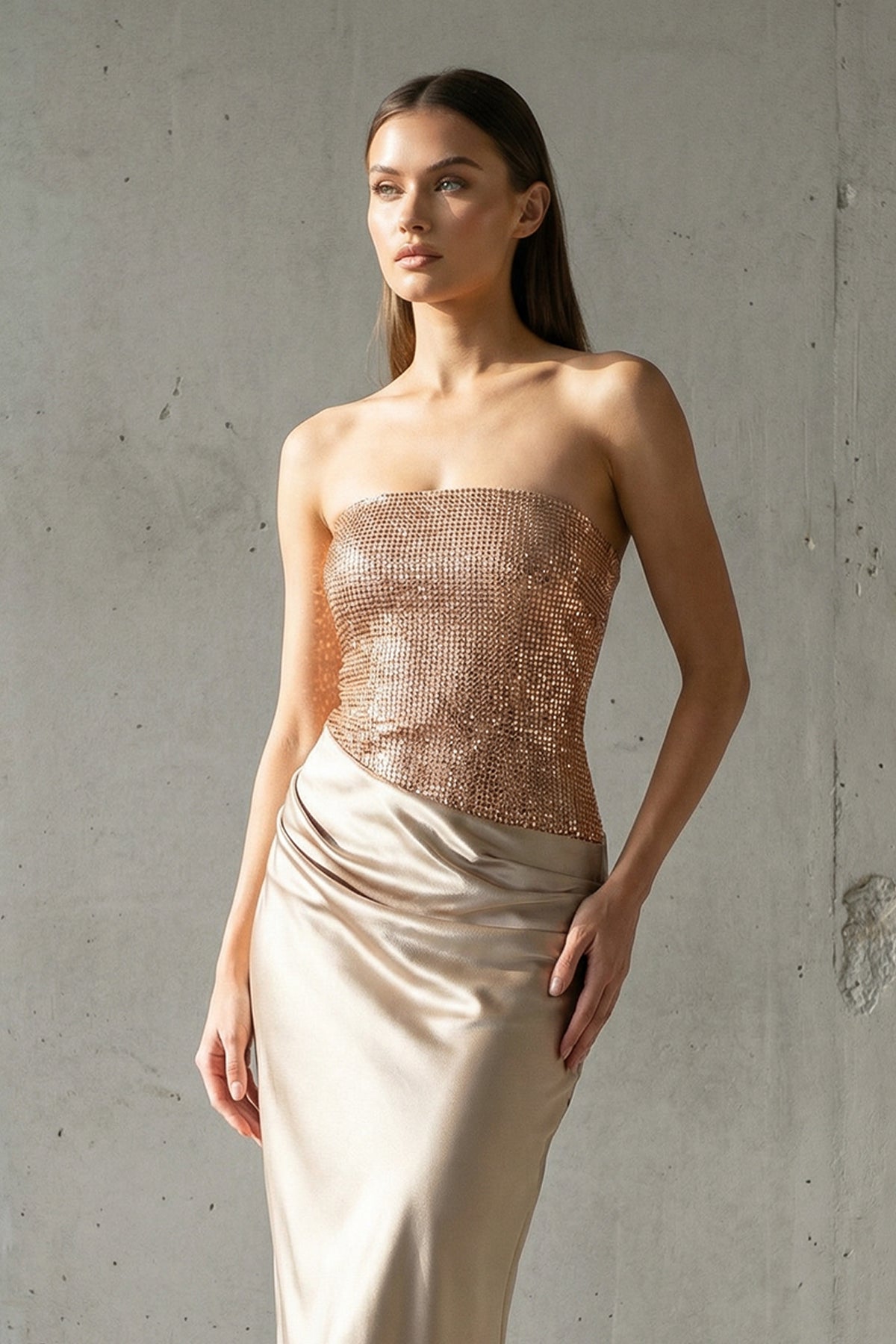 Strapless Maxi Dress With Beading in Champagne