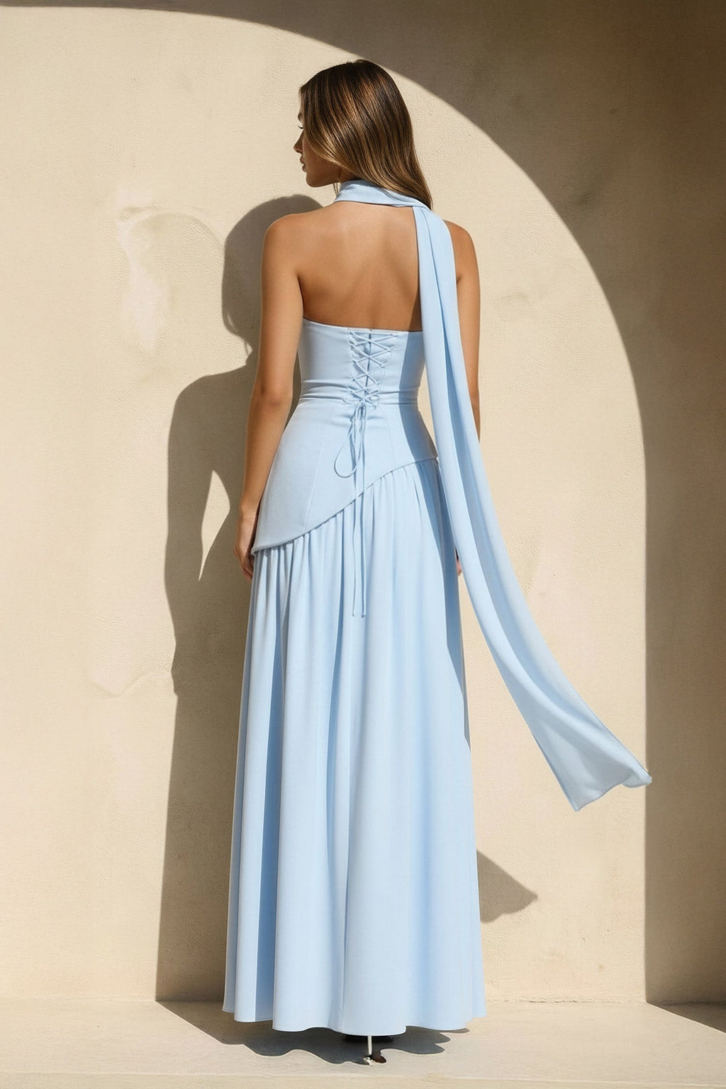 Strapless Maxi Dress With Scarf in Sky Blue