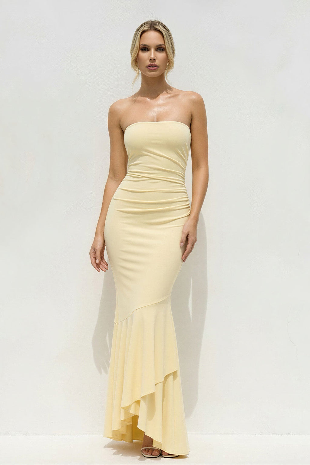 Strapless Mermaid Maxi Dress With Ruffles in Yellow