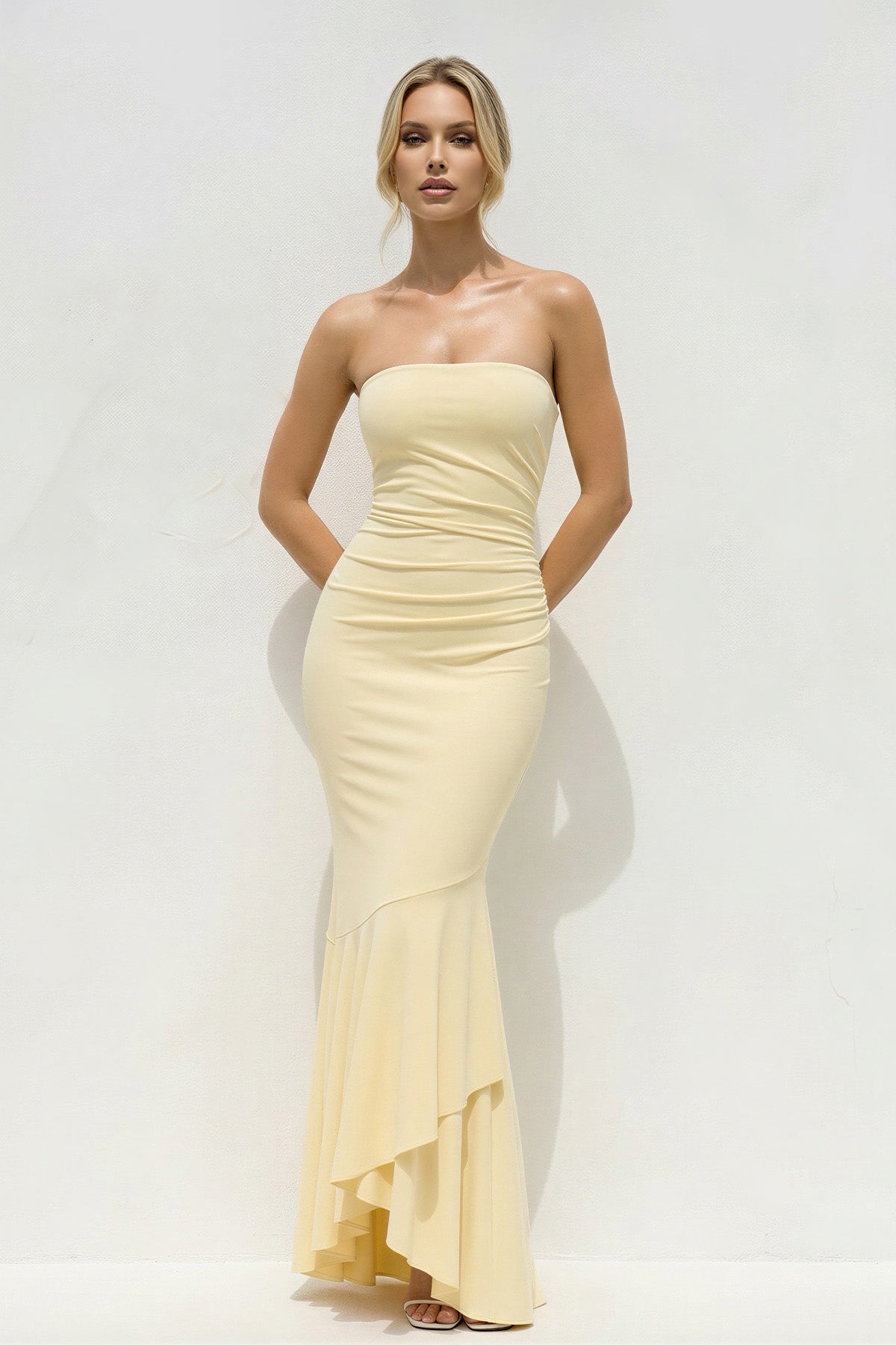 Strapless Mermaid Maxi Dress With Ruffles in Yellow