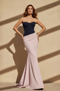 Strapless Mermaid Pleated Maxi Dress in Black and Pink