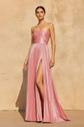 Strapless Metallic Pleated Maxi Dress in Pink