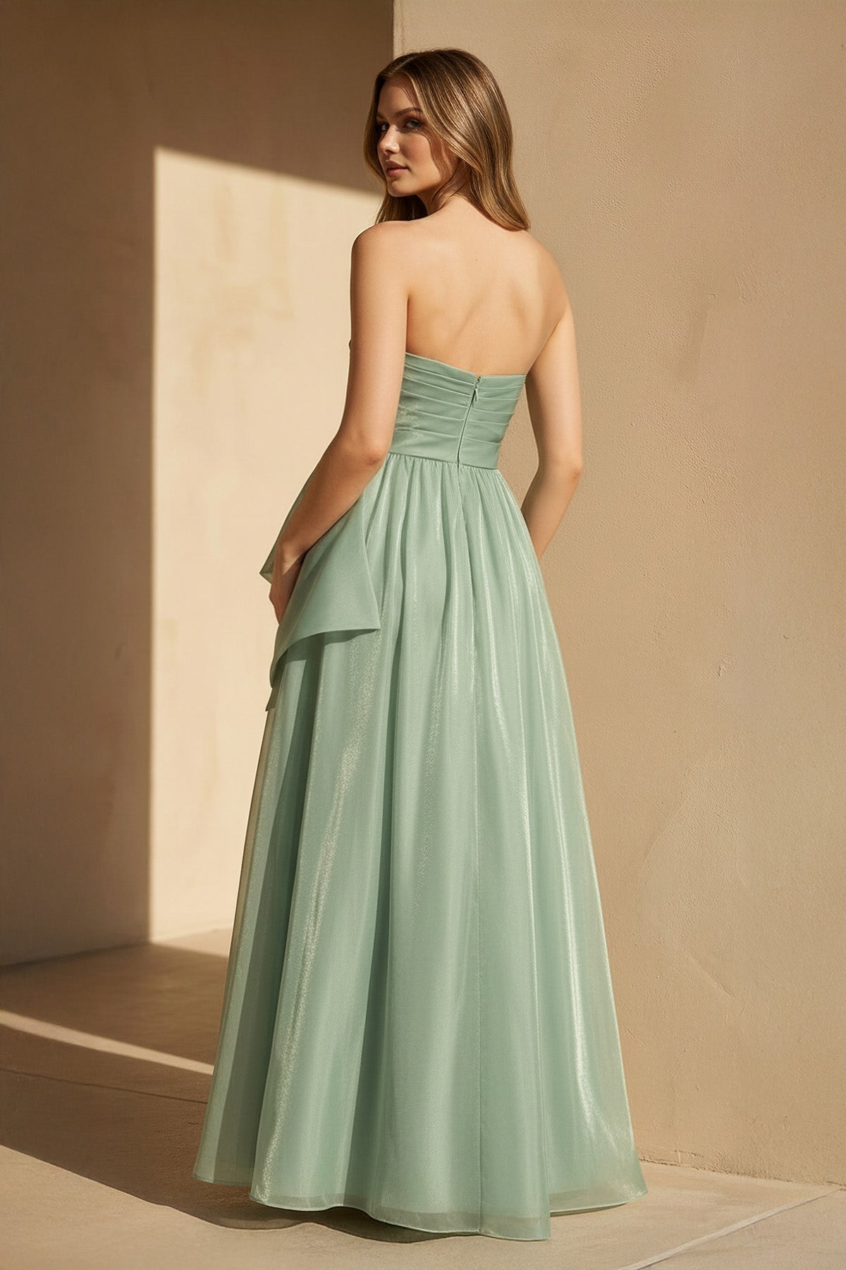 Strapless Organza Gown With Bow in Pale Pistachio