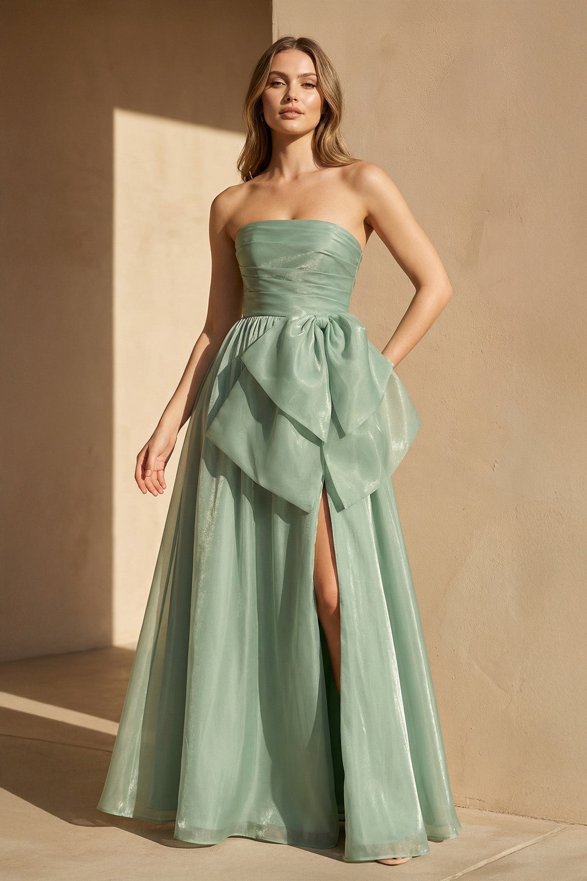 Strapless Organza Gown With Bow in Pale Pistachio