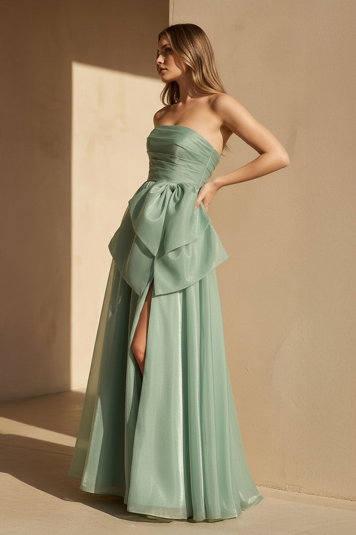 Strapless Organza Gown With Bow in Pale Pistachio