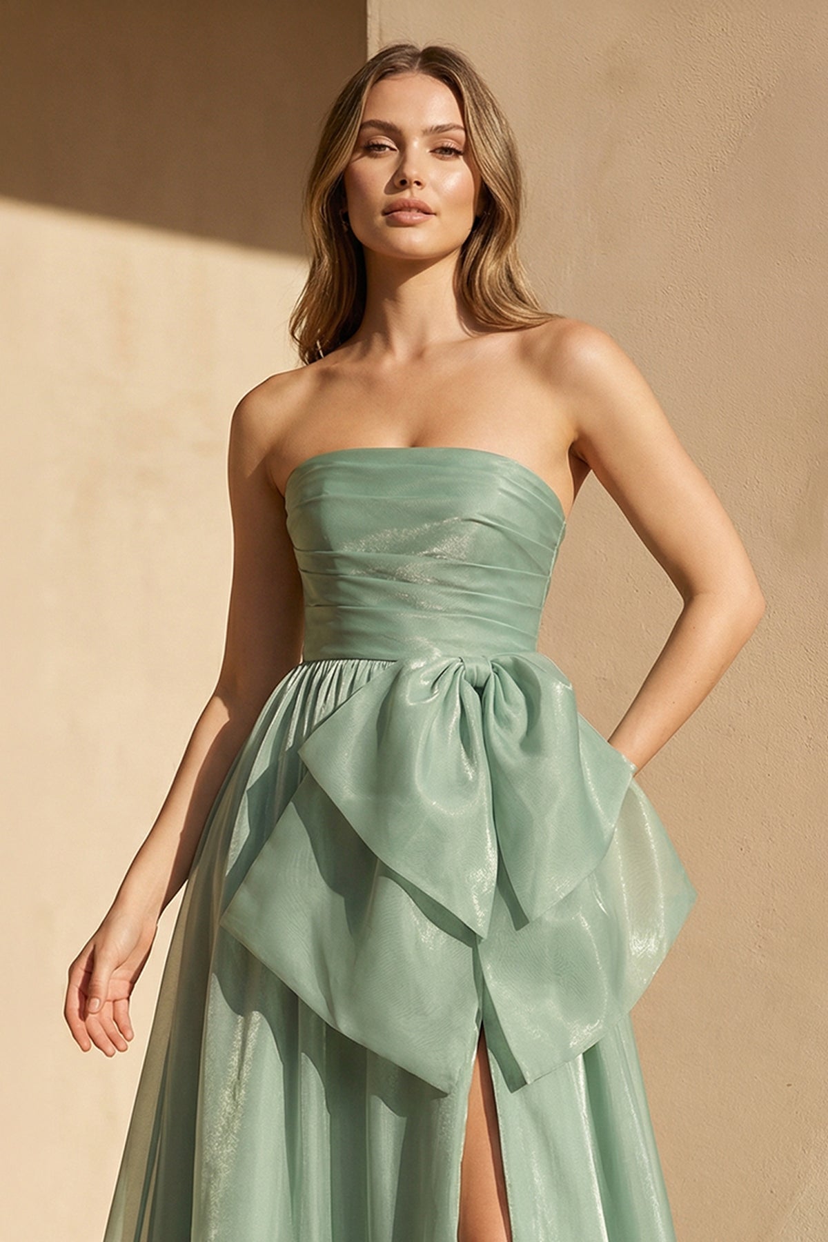 Strapless Organza Gown With Bow in Pale Pistachio